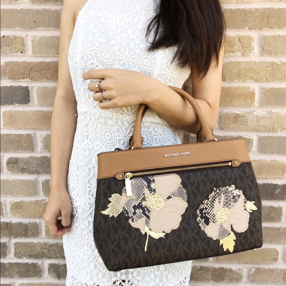 Michael Kors Hailee Large Satchel Brown MK Floral - Picture 6 of 6